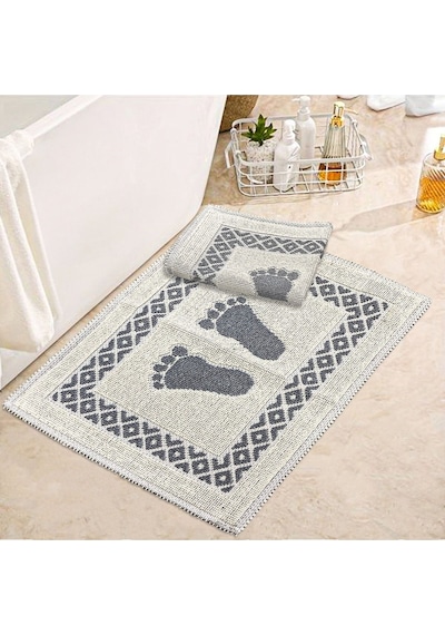 Soffy Krem & Gri 2 Adet 50x70 Cm Banyo Paspası %100 Doğal Pamuk Ayak Paspası Ayak Havlusu Krem - Gri