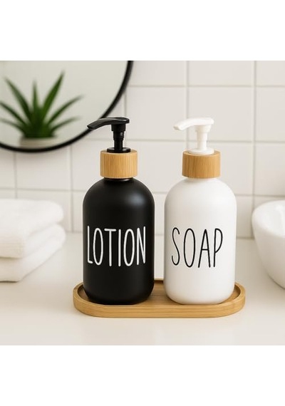 2 Li Cam Sıvı Sabunluk Ve Losyonluk Seti 500 Ml Siyah & Beyaz Boyalı Cam Bambu Kapak Ve Ahşap Altlıklı Banyo Seti Şık Ve Dayanıklı Tasarım 000 Açık Krem