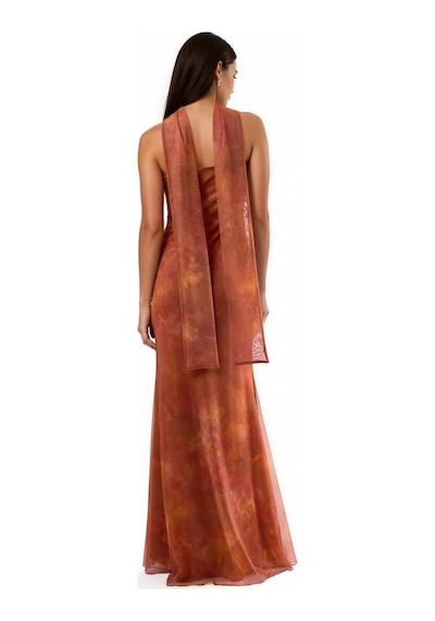 Hiccup Straplez Çiçek Desenli Tül Kuşaklı Bodycon Maxi Elbise Parlak Turuncu