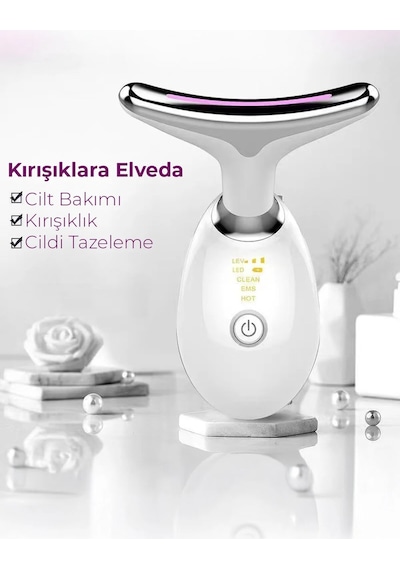 Boyun Ve Yüz Masaj Cihazı Led Işıklı, Ems Mikro Akım, Isıtmalı & Titreşimli Beyaz
