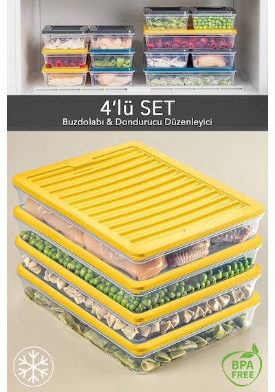 Meleni Home Buzdolabı Organizer Mikrodalga Ve Difrize Uygun Saklama Kabı Sarı 4 x 2400 ML