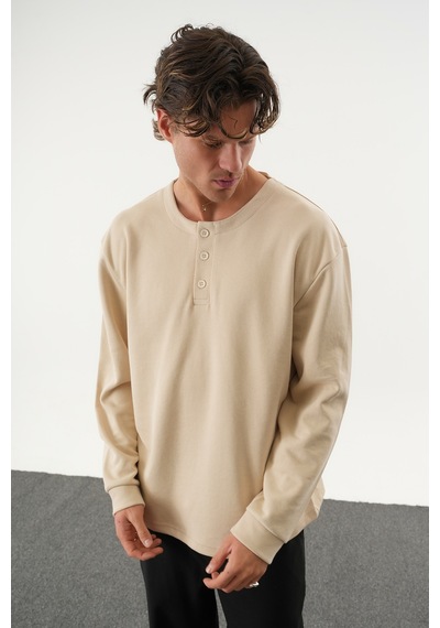 Redline Taren Oversize Erkek Kışlık Düğmeli Sweatshirt Bej