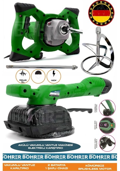 Böhrer Alman HB0387T Akülü Vantuz Fayans Makinesi Ve Elektrikli 3200W Yeşil Boya Harç Karıştırıcı 2'li Kombo Set
