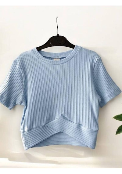 Zekids Kız Çocuk Fitilli Yarım Kol Crop T-shirt-14485 Mavi