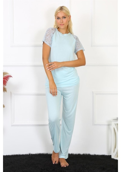 Akbeniz Kadın Kolu Dantelli Penye Pijama Takım 4151 - S Su Yeşili