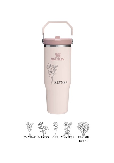 Stanley Kişiye Özel The Iceflow Flip Straw Pipetli Termos Bardak Stanley 0.89 L Özel İsimli Açık Pembe