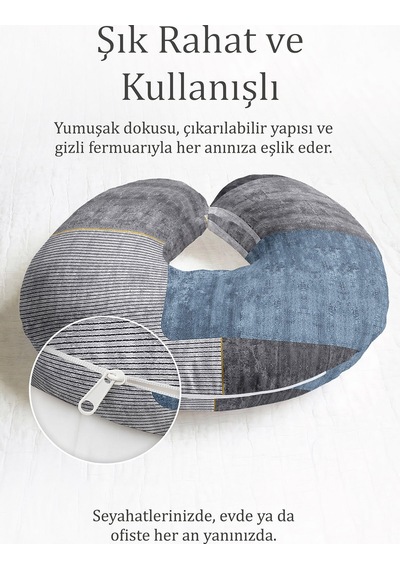 Modern Geometrik Desenli Boyun Yastığı - Şeritli Mavi Gri Yumuşak Seyahat Yastığı Pastel Ayışığı Keten