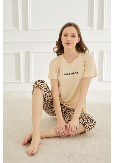 Mihra Kadın Pijama Takımı Kapri Kısa Kol Bej