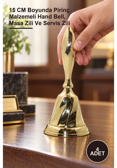 4 Adet Pirinç El Çanı 15 Cm Boyunda Pirinç Malzemeli Hand Bell, Masa Zili Ve Servis Zili