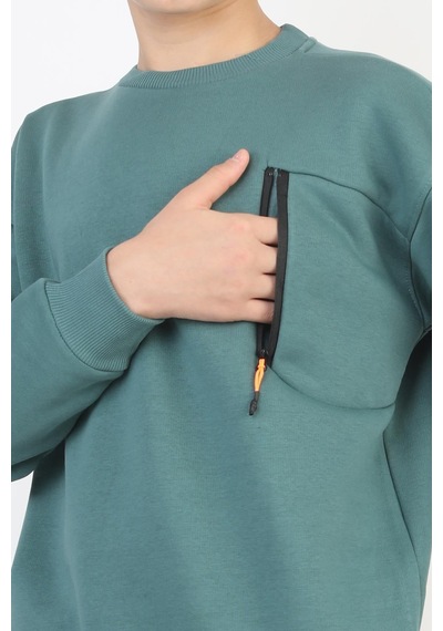 Bisiklet Yaka Cep Fermuar Detaylı Erkek Çocuk Sweatshirt-90856 Yeşil