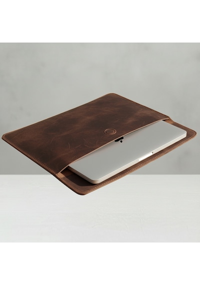 Vintage Hakiki Deri Laptop Çantası 14 İnç Uyumlu El Yapımı Macbook Kılıfı Açık Kahve
