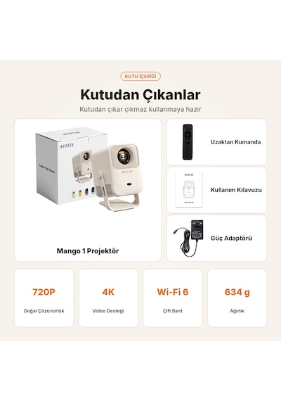 Byıntek Mango 1 Mini Projektör Android 14 Wi-fi 6 Bluetooth Otomatik Odak 720p 4k Destekli Taşınabilir Projeksiyon