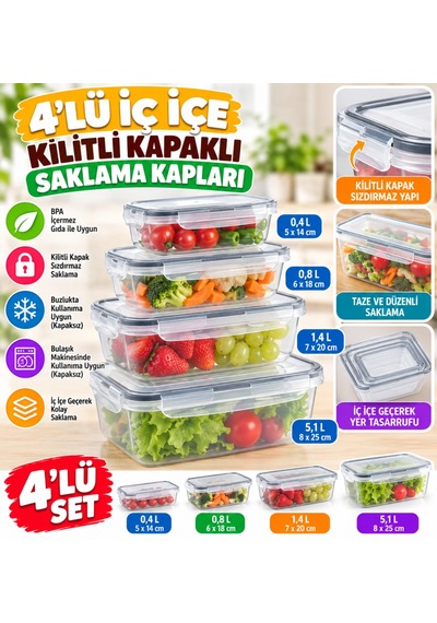 4lü İç İçe Sızdırmaz Contalı Kilitli Kapaklı Plastik Erzak Saklama Kapları Lc315 Beyaz - Çok Renkli