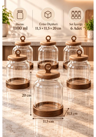 Atbyhome 6'lı Akasya Altlıklı Halka Kulplu Cam Erzak Kavanozu 1100 Ml - Vakumlu Kiler Bakliyat Saklama Kabı Seti Ahşap