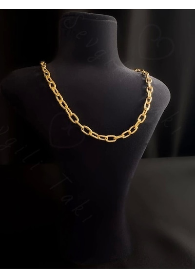 Sevgili Takı Kabartma Zincirli Gold Çelik Kolye Altın
