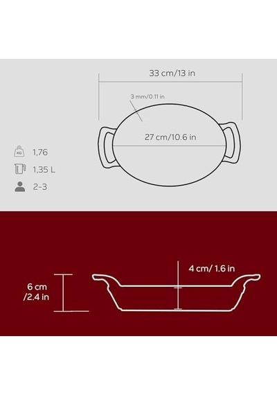 Metal Oval Kuplu Döküm Tava 27x20, Kırmızı Açık Bakır