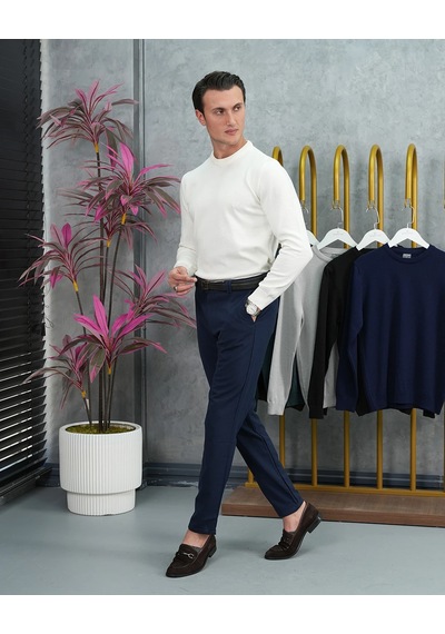 Modefendi Slim Fit Kalıp Pamuk Likra Sade Bisiklet Yaka Triko Kazak Beyaz