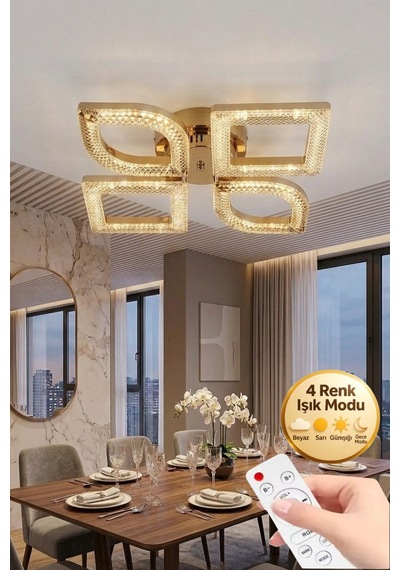 LumiaLighting Vesta Model Gold 4"lü Kumandalı Ledli 3 Renk Modu Kristal Salon Mutfak Yatak Çocuk Odası Avize
