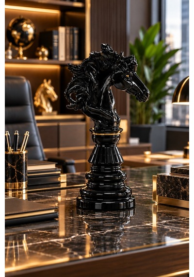 Siyah At Figürü Dekoratif Biblo 33 Cm Gold Detaylı Lüks Tasarım