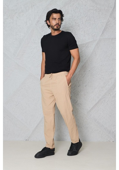 Blayn Jeans Erkek Haki Jogger Pantolon Beli Lastikli Bağcıklı %100 Pamuk Keten Baggy Rahat Günlük Pantolon Bej
