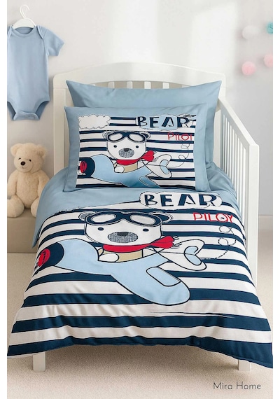 Yenidoğan Erkek Bebek Nevresim Takımı %100 Pamuklu Bear Pilot Çok Renkli