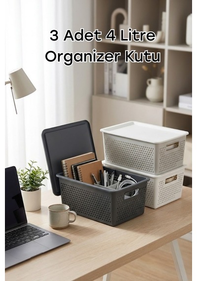 3 Adet 4 Litre Organizer Sepet, Plastik Saklama Kutusu, Dolap İçi Düzenleyici Çok Renkli