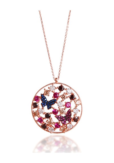 Kuyumcudukkani Karışık Zirkon Taşlı Daire İçinde Kelebekler Kolye-20120-r-m Rose Gold