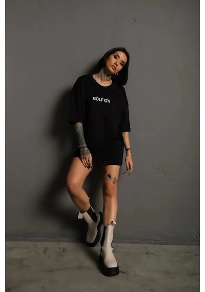 Kadın Oversize Tişört Golf Gtı Retro Araba Baskılı T-shirt- Siyah Siyah