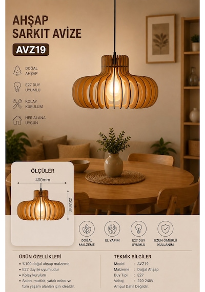 Avz19 Ahşap Sarkıt Avize E27 Uyumlu Modern Dekoratif Salon Mutfak Avizesi Ekru