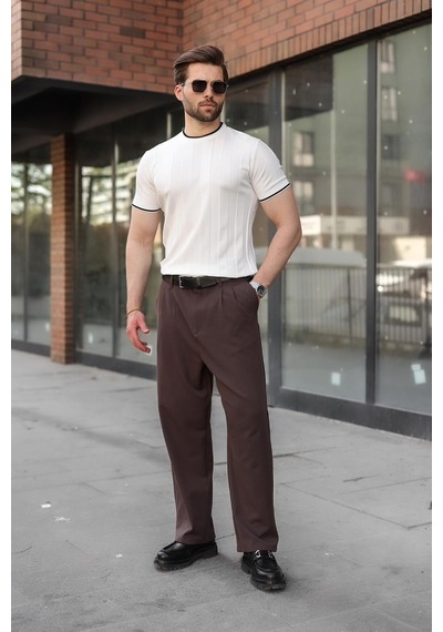 Madmext Beyaz Bisiklet Yaka Regular Fit Triko Erkek Tişört E7487