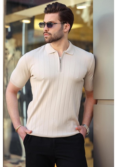 Madmext Madmext Taş Rengi Polo Yaka Fermuarlı Erkek T-shirt E7298 Taş Rengi