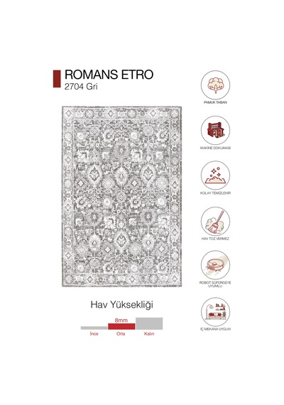 Enti Etro 2704 Vintage Makine Halısı - Robot Süpürge Uyumlu Dikdörtgen Halı Gri