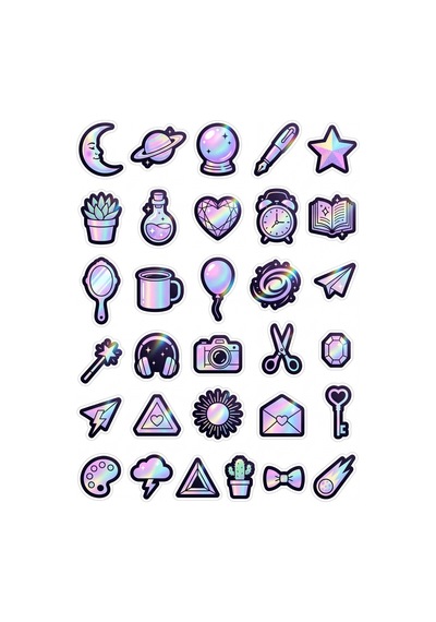 30 Adet Parlak Holografik Sihirli Uzay Sticker Seti - Laptop Defter Telefon İçin Çok Renkli