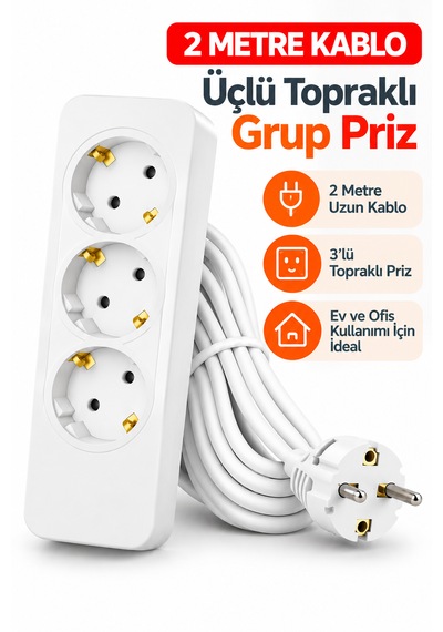 2 Metre Kablolu Topraklı Çocuk Korumalı Üçlü Priz Beyaz Renkli Güvenli Tasarım 2 M