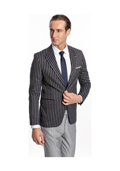 Wessi Çizgili Koyu Slim Fit Lacivert Erkek Ceket Siyah
