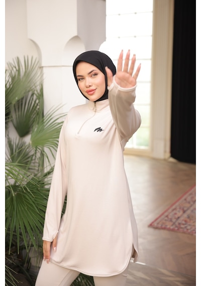 Mimi Luxury Wear Bej Kadın Fermuarlı Dalgıç Kumaş Standart Kalıp Jogger Eşofman Takımı 358