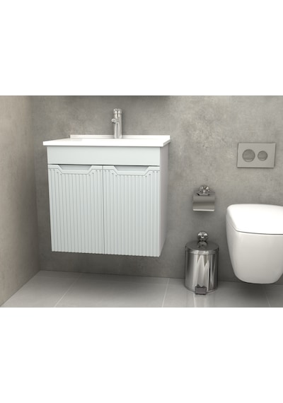 Banyo Dolabı Aynalı Cnc İşlemeli Membran Kapaklı 65 Cm Gri