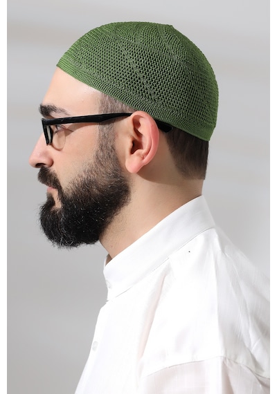 Fıstık Yeşili Dantel Detaylı Örme Gold Namaz Takkesi