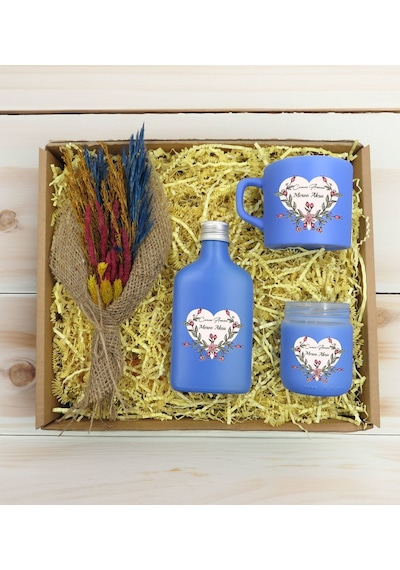 Bk Gift Kişiye Özel İsimli Dtf Anne Temalı Mavi Kahve Fincanı & Kolonya & Mum & El Yapımı Kuru Çiçek Buketi Hediye Seti-5, Anneye Hediye, Anneler Günü