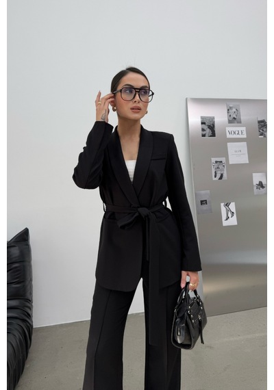 Meecy Kadın İkili Kuşaklı Blazer Ceket Ve Pantolon Takım Siyah Siyah