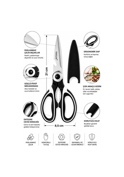 Proalet Çok Amaçlı Mutfak Makası, 21 Cm, Paslanmaz Çelik, Keskin,