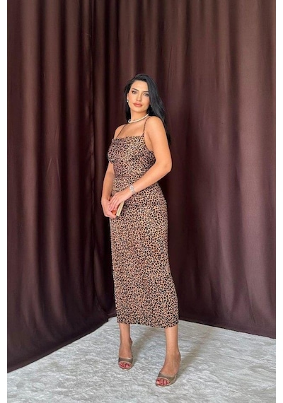 Valensdesign Leopar Sırt Detaylı Leopar Desenli Saten Elbise Leopar