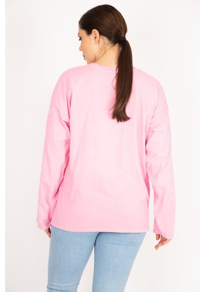 Şans Kadın Bej Büyük Beden Kol Baskılı Sweatshirt-pembe Pembe