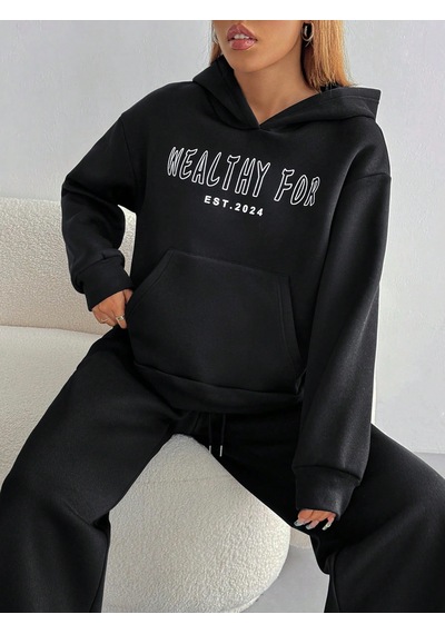 Macklin Unisex Kadın Erkek Healty For Baskılı Oversize 3 İplik Kapüşonlu Sweatshirt Ve Baggy Eşofman Altı Siyah