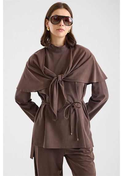 Olcay Şal Aksesuarlı Premium Kumaş Tunik Pantolon Kahve 9470-tk