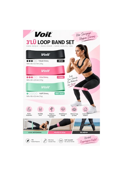 3’lü Loop Direnç Bandı Seti Pilates ve Fitness Egzersiz Lastiği