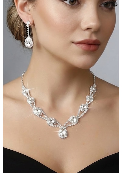 Accessories Hürrem Model Janjan Taşlı Kolye Küpe Takı Seti - Gelin Düğün Nişan Abiye Set Gümüş