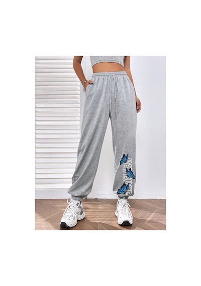 Tarzsokak Letter & Butterfly Print Slant Pocket 4 Mevsim Eşofman Gri