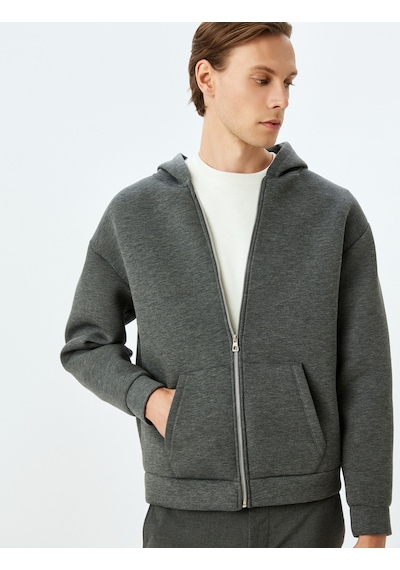 Koton Kanguru Cepli Viskon Karışımlı Basic Fermuarlı Kapşonlu Sweatshirt Antrasit 5wam70195mk Antrasit