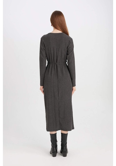 DeFacto Regular Fit Bürümcük Uzun Kollu Midi Elbise D5024AX24AUGR164 Gri